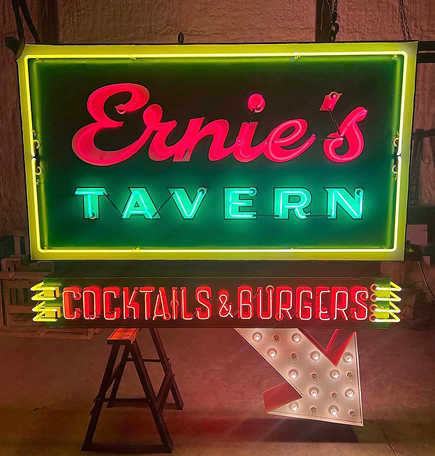 Ernie's Tavern Cocktails and Burgers neon sign